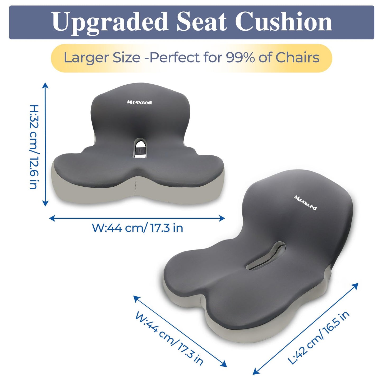 Mosxoed Memory Foam Seat Cushion for Sciatica & Back Pain Relief - Ergonomic Chair Pad with Adjustable Strap & Supportive Comfort Cover, Non-Slip for Car, Truck, Office Chair - Dark Gray&Light Gray