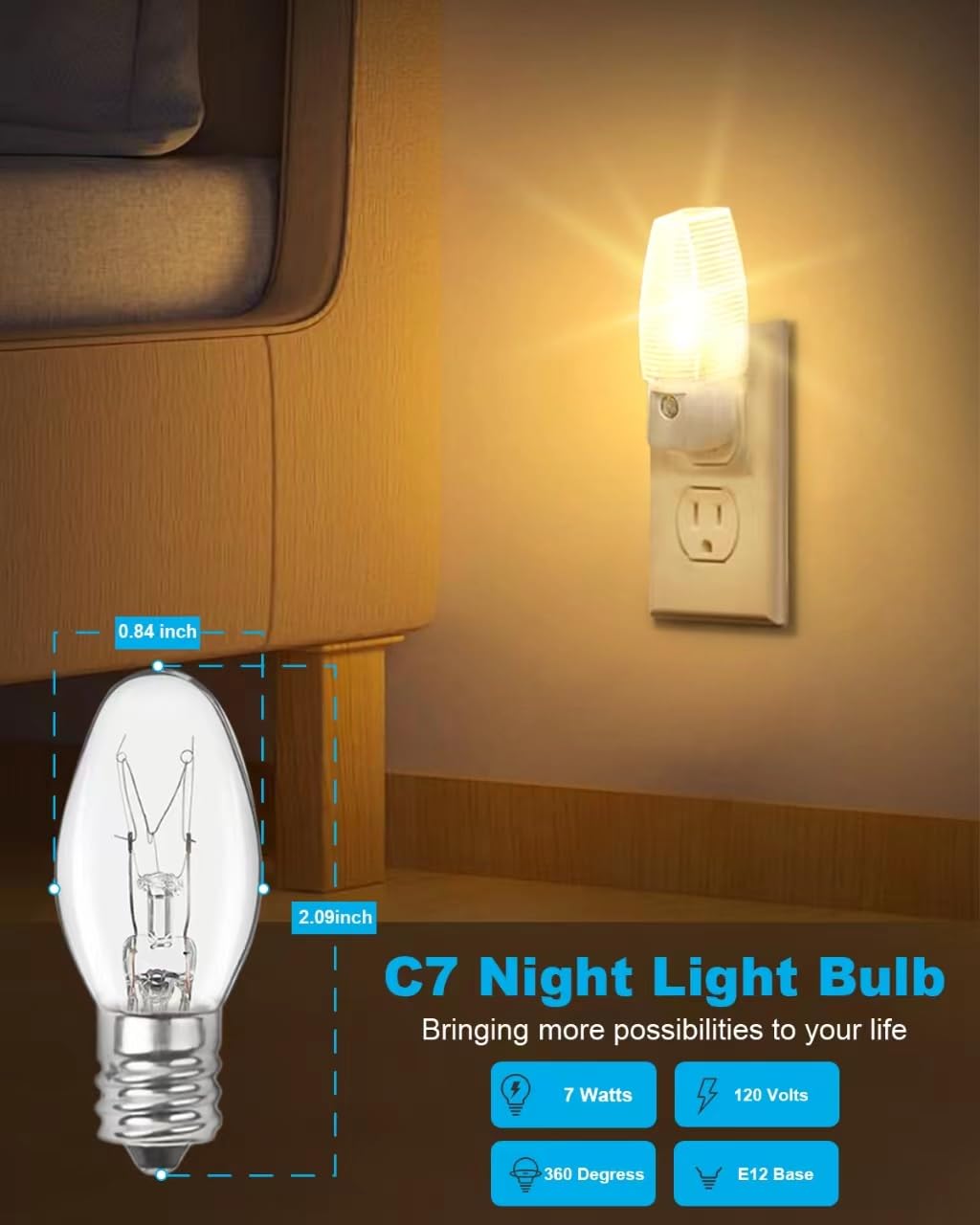 Night Light Bulb Warm White Replacement Bulbs - E12 Light Bulbs - 7Watt Incandescent Light Bulbs - 15 Packs, Warm White Glow - Dimmable (Night Light Bulbs 7 Watt)