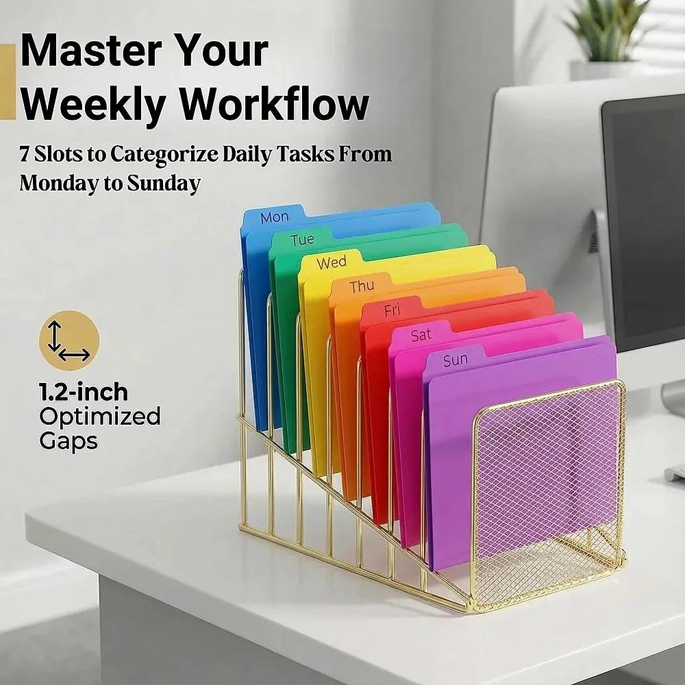 Simmer Stone Gold Desk Organizer 7 Slot Inclined Vertical File Folder Holder Sorter with Mesh Front Metal Wire Rack for Mail, Slim Binders, Books Office Organization Desktop Accessories
