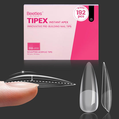 Beetles Tipex Gel Nail Kit, Medium Almond Nail Tips 224 Pcs 16 Sizes Pre-Building Pre-Etched Thick Acrylic Tips with Tipex Glue, Mini Lamp