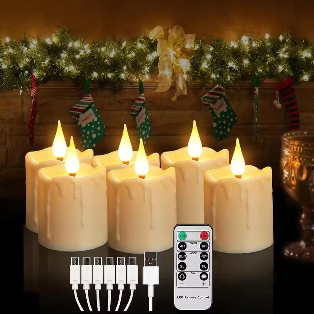 Enegg Rechargeable Tea Lights Flickering Timer Flameless Candles with Remote, 6pcs LED Tealight Votive Candles for Halloween Xmas Party Home Decor Wedding Table Centerpieces