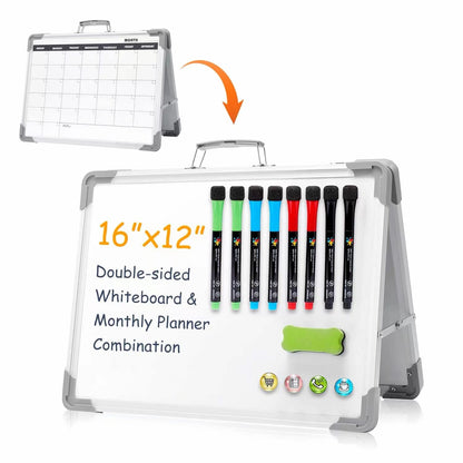 Magnetic Dry Erase Board with Calendar - Small Double Sided Whiteboard on Desktop with Monthly Schedule Planner, Portable Folding White Board on Table Top for Drawing, Teacher Students Classroom