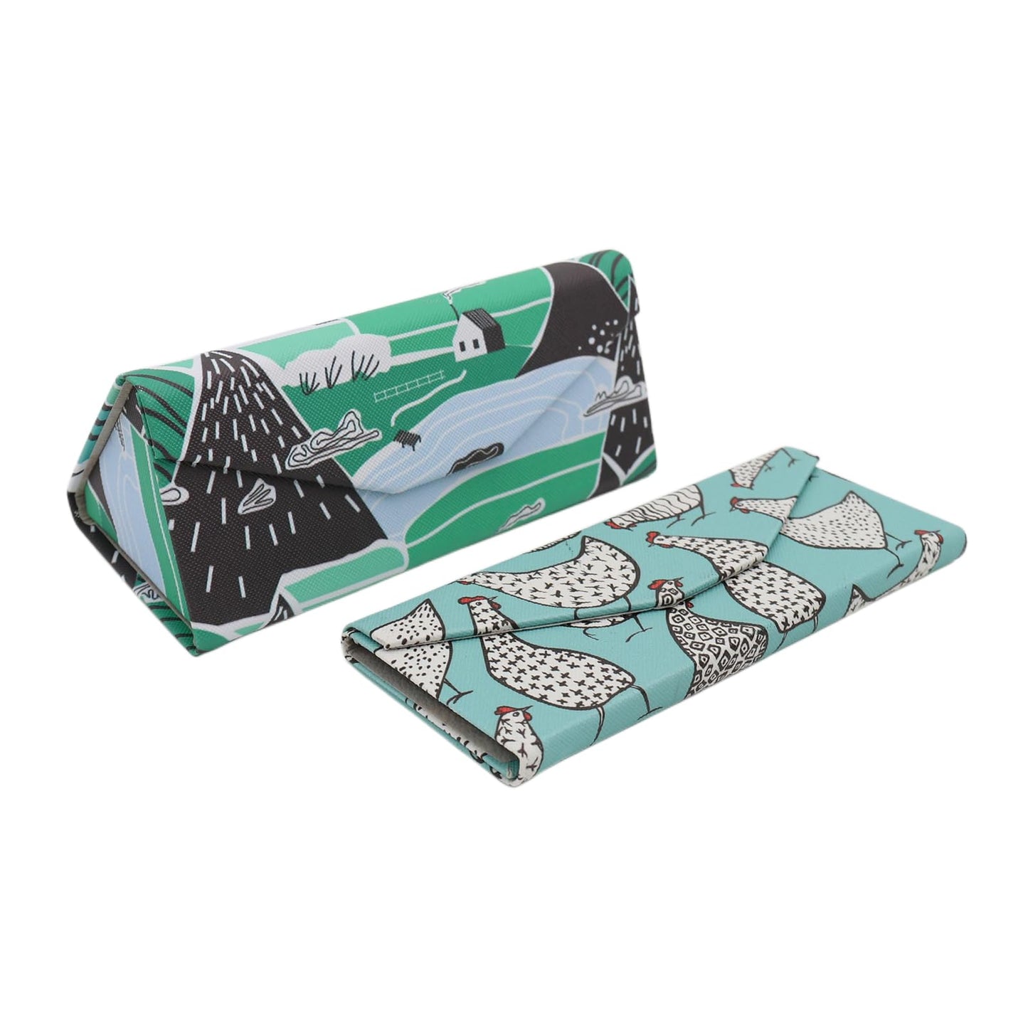 Real Sic Glasses Case for Men and Women - Magnetic Folding Hard Shell Sunglass Holder - Vegan Leather Eyeglass Protector, Variety of Styles Inspired by Adorable Animals - (Chickens & Farmhouse)