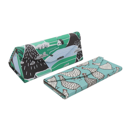 Real Sic Glasses Case for Men and Women - Magnetic Folding Hard Shell Sunglass Holder - Vegan Leather Eyeglass Protector, Variety of Styles Inspired by Adorable Animals - (Chickens & Farmhouse)