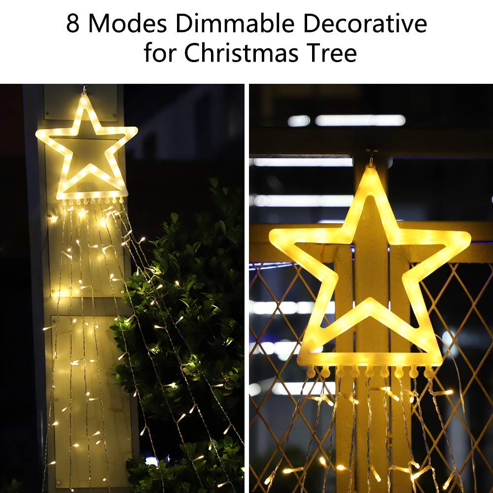 PUHONG Christmas Decoration, Outdoor Star String Lights, Christmas Tree Toppers Lights 320 LED 8 Modes with 12" Lighted Star for Halloween Christmas New Year Holiday Birthday Decor (Warm White)