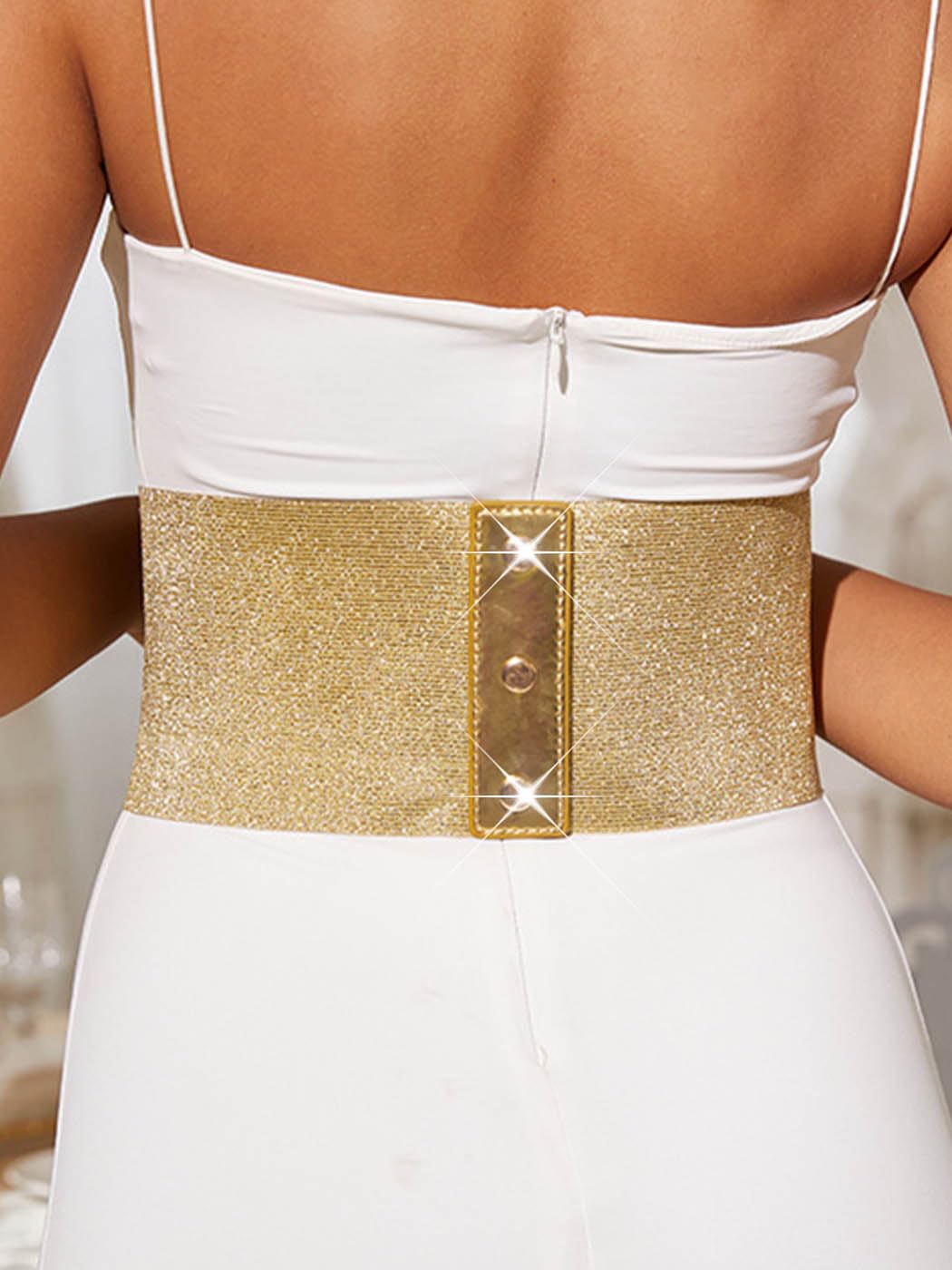 Urieo Wide Elastic Corset Belt, Gold Lace-Up Waist Cincher, Stretch Side Panels