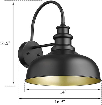 Bestshared 14 Inch Dome Gooseneck Barn Light, Farmhouse Wall Mount Light Fixture, Exterior Lighting Fixture Outdoor Sconce for Porch,Garage,Patio (Black+ Gold, 14” Dome-1Pack)