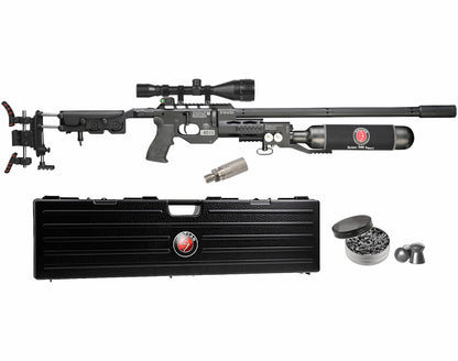 Hatsan TacBoss .25 Cal 905 FPS 37 FPE 14-Shot PCP Black Air Rifle, Side-Lever Action, 580cc Air Cylinder, Dual Pressure Gauges, QE Technology w/ Wearable4U 150x .25cal Pellets & Scope w/Mounts Bundle