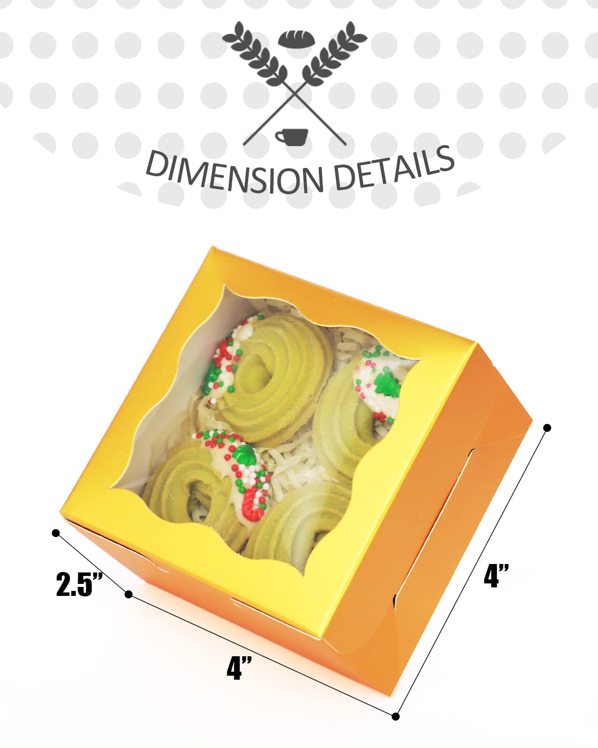 Bakery Box with Window 4*4*2.5inch/55Packs Gold Macaron Boxes Small Donut Pastry Boxes for Party Mini Cookie Boxes qiqee(5 Diferent Gift Include)