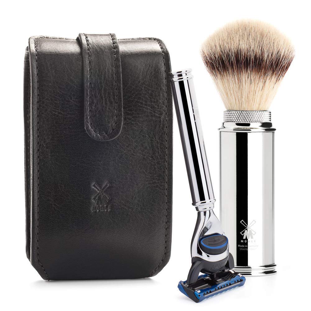 MÜHLE Travel Florentine Leather Silvertip Fibre 5-Blade Razor Luxury Shaving Kit