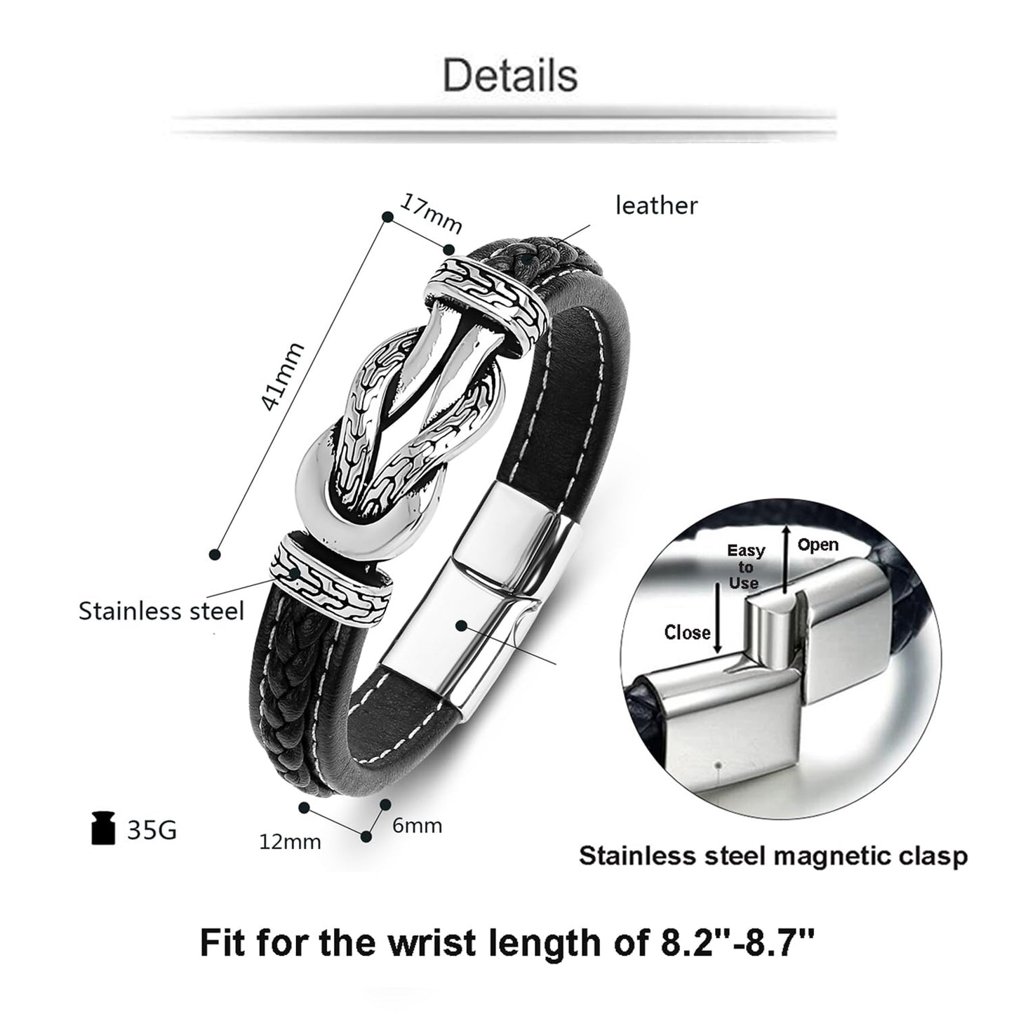 LJWVX Men's Braided Black Leather Bracelet Wristband Cuff Bracelet for Men Gifts Stainless Steel Clasp