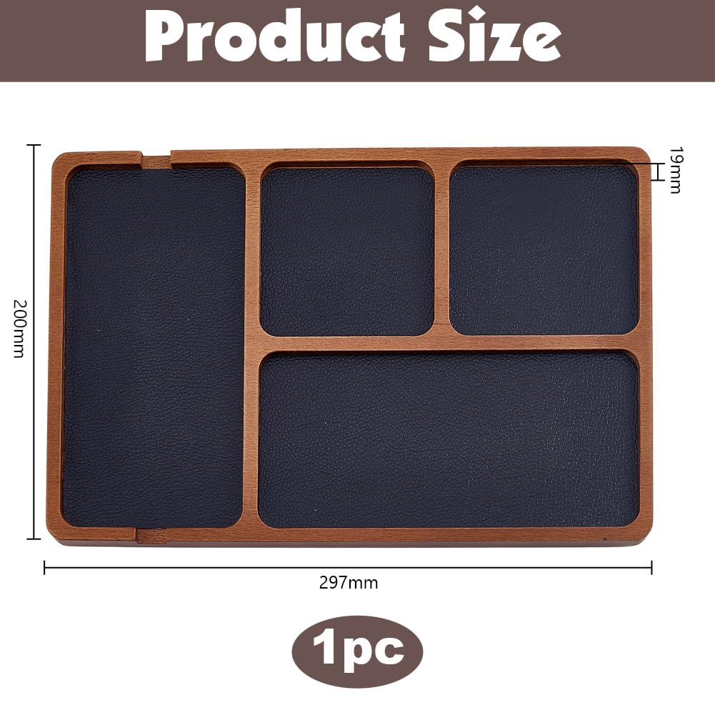 HOBBIESAY Wooden Valet Tray with PU Leather Inlay Wood Storage Organizer Tray with 4 Compartment Nightstand Desktop Storage Organizer for Phone Earbud Key Jewelry Table Organizers