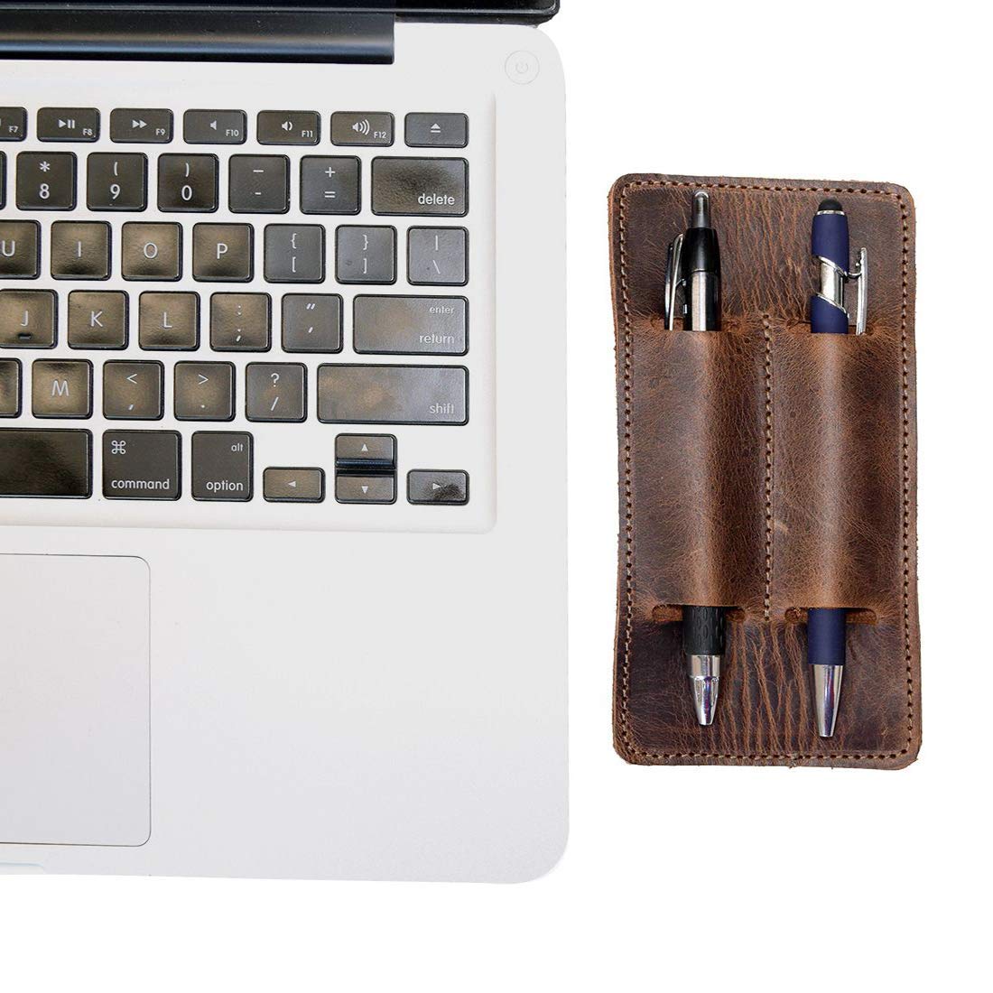 Hide & Drink, Leather Double Pen Holder/Office Essentials/Pencil Sleeve/Pouch/Case, Handmade, Bourbon Brown
