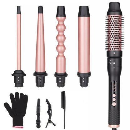 5 in 1 Curling Wand Set, Three Barrel Curling Iron Set with 3 Barrel Curling Iron and 4 Interchangeable Ceramic Curling Wand(0.5”-1.25”), Fast Heating, Include Glove & 2 Clips