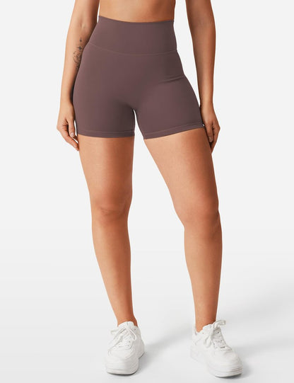 YEOREO Women's Biker Shorts 3.6" / 4.5" / 6" Workout Gym Shorts High Waist Tummy Control Hidden Scrunch Running Yoga Plum Brown