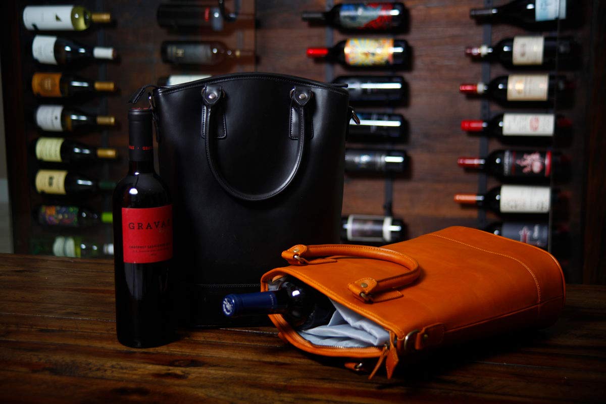 Sachi Insulated 2-Bottle Leather Wine Tote Bag Black