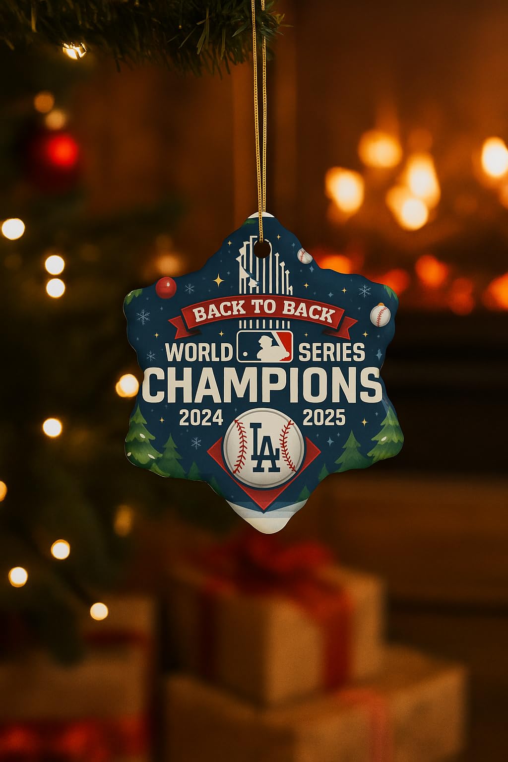 Back to Back Baseball Champions Ornament 2024 2025 – Ceramic, Heart, Circle, Snowflake Shapes – Funny Gift for Baseball Fans – Christmas Tree Decoration, Cheap Shipping (1, Heart)
