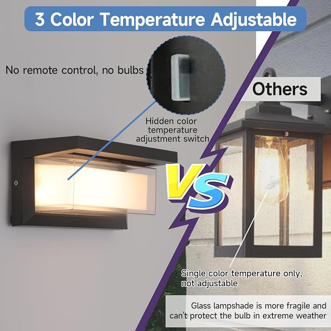 Outdoor Wall Lights, 24W LED 3 Color Exterior IP65 Outdoor Wall Lights Exterior, Porch Wall Sconce with Double Shade, Modern Matte Black Wall Lamps for Patio Front Door Entryway, 4-Pack