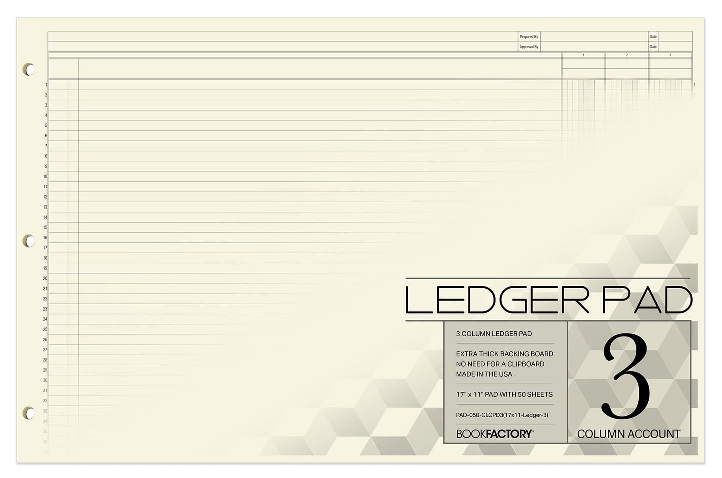 BookFactory Ledger Pad/Large 3 Column Accounting Ledger Columnar (Three Columns) Pads - 17'' x 11'', 50 Pages, Notepad Landscape Format (Made in USA)