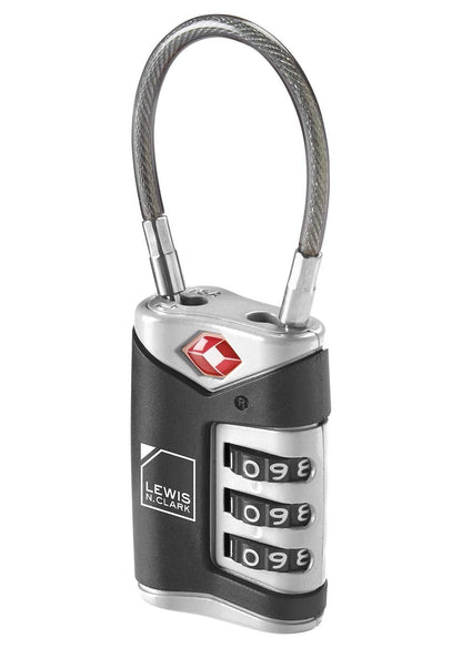 Lewis N. Clark TSA Approved Luggage Lock + Steel Cable for Suitcase, Carry On, BackPack, Laptop Bag + Purse, Perfect For Airport, Hotel or Gym - Set + Reset Your Own Combo, Black