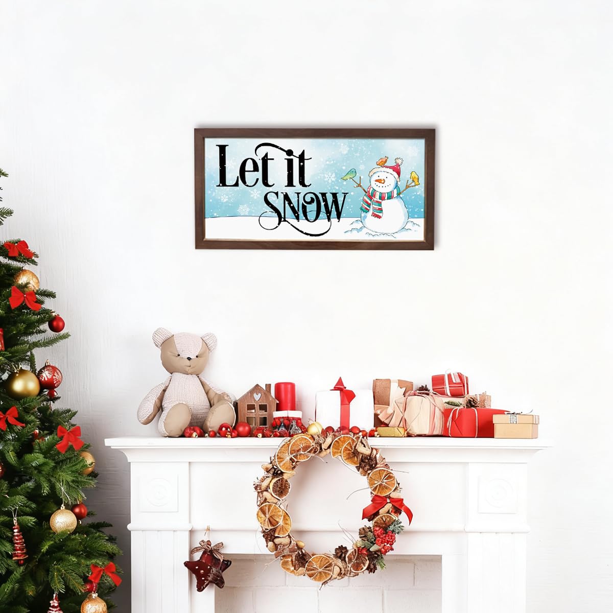Let It Snow Sign, Winter Decor Signs, Snow Lover Home Decor, Christmas Snowman Signs, Christmas Decorations Sign for Wall, Winter Decors Art, Rustic Framed Wooden Plaque 15×7.5×0.3 inches