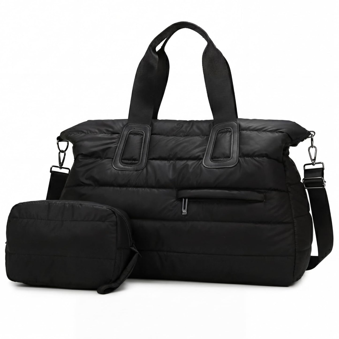Puffer Weekender Bag for Women, Quilted Duffle Bag with Pouch, Water-Resistant Gym Bag, Large Tote Travel Bag for Hospital Nurse Diaper Bag, Lightweight Carry on Bag, Black