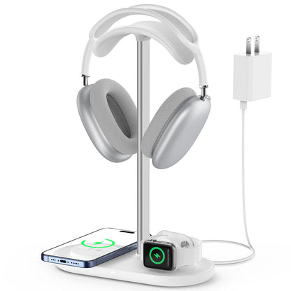 Universal Headphone Stand, Magnetic Wireless Charger for iPhones/AirPods/iWatch, Aluminum Alloy Rod, Leather Pad, ABS Solid Base, White