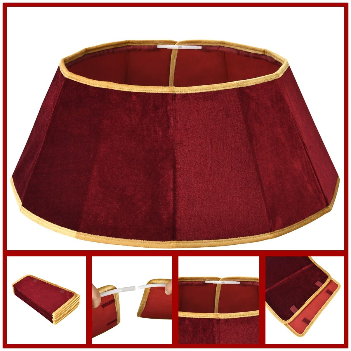ONGLYP Christmas Tree Collar,25.5'' Velvet Christmas Tree Skirt Foldable Xmas Tree Stand Base Cover,Easy Set Up Tree Collar for Artificial Trees Holiday Home Decoration (Dark Red)