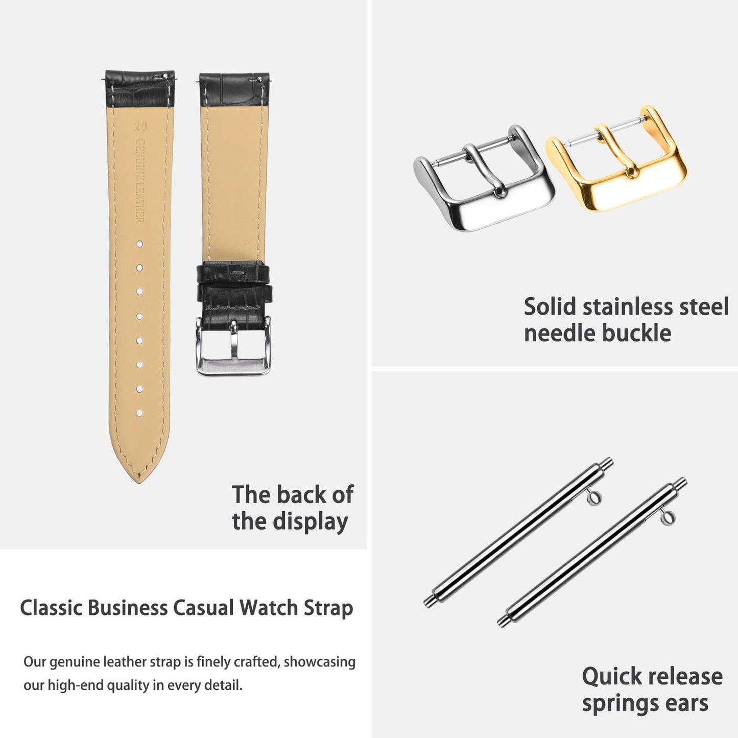 Boache Genuine Leather Watch Band Quick Release Italian Calfskin Crocodile Pattern Watch Straps 12 to 24mm Business Classic Style Genuine Leather Watch Strap Replacement Band for Men Women