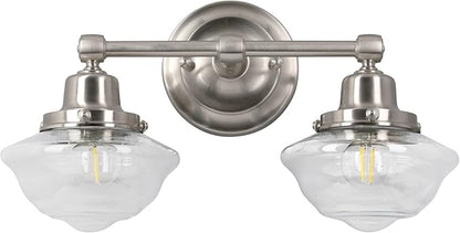 Design House Vintage-Inspired Schoolhouse 2-Light Dimmable Vanity Light, 16.875 in x 7.625 in x 9.5 in, Satin Nickel, Clear Seeded Glass Shades, 589135-SN