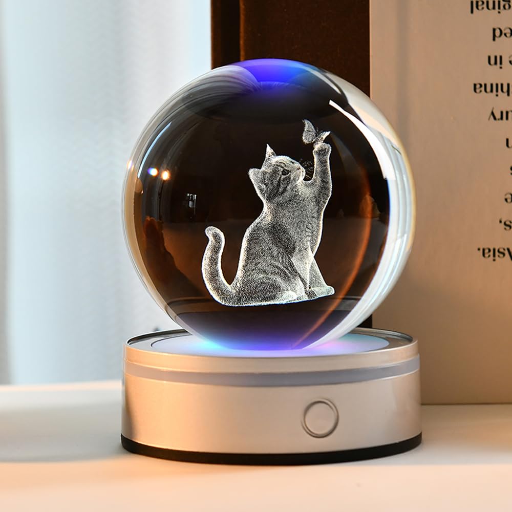 ZRENJHUS 3D Cat Crystal Ball Gifts for Women 80mm Cat Lover Gift for Her Glass Sphere Kitten Night Light with 12 Colorful Modes Light Base