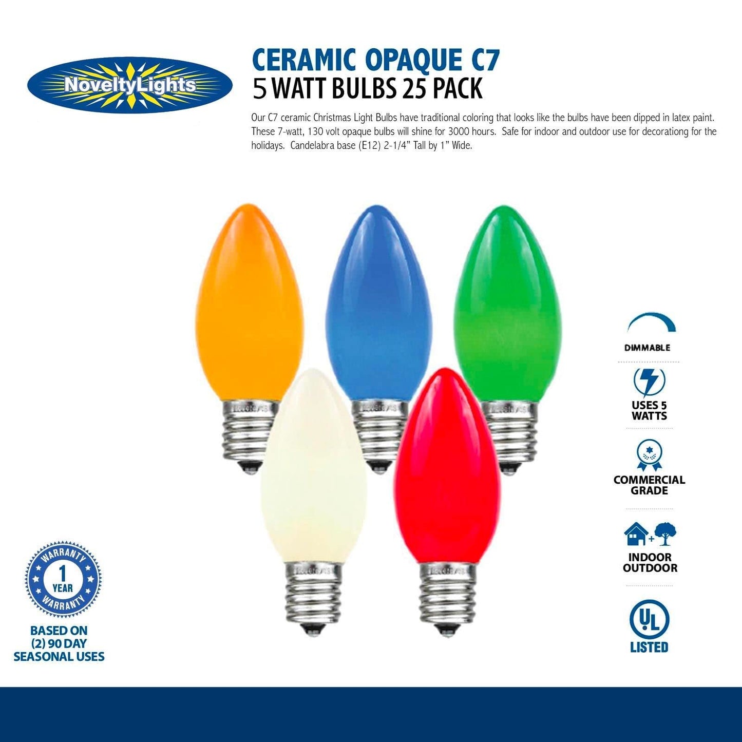 Novelty Lights Ceramic Christmas Replacement Bulbs - Outdoor Individual Bulbs for Events, Holiday Parties, Patios, and More - C7/E12 Candelabra Base, 5 Watt Lights (White, 25 Pack)