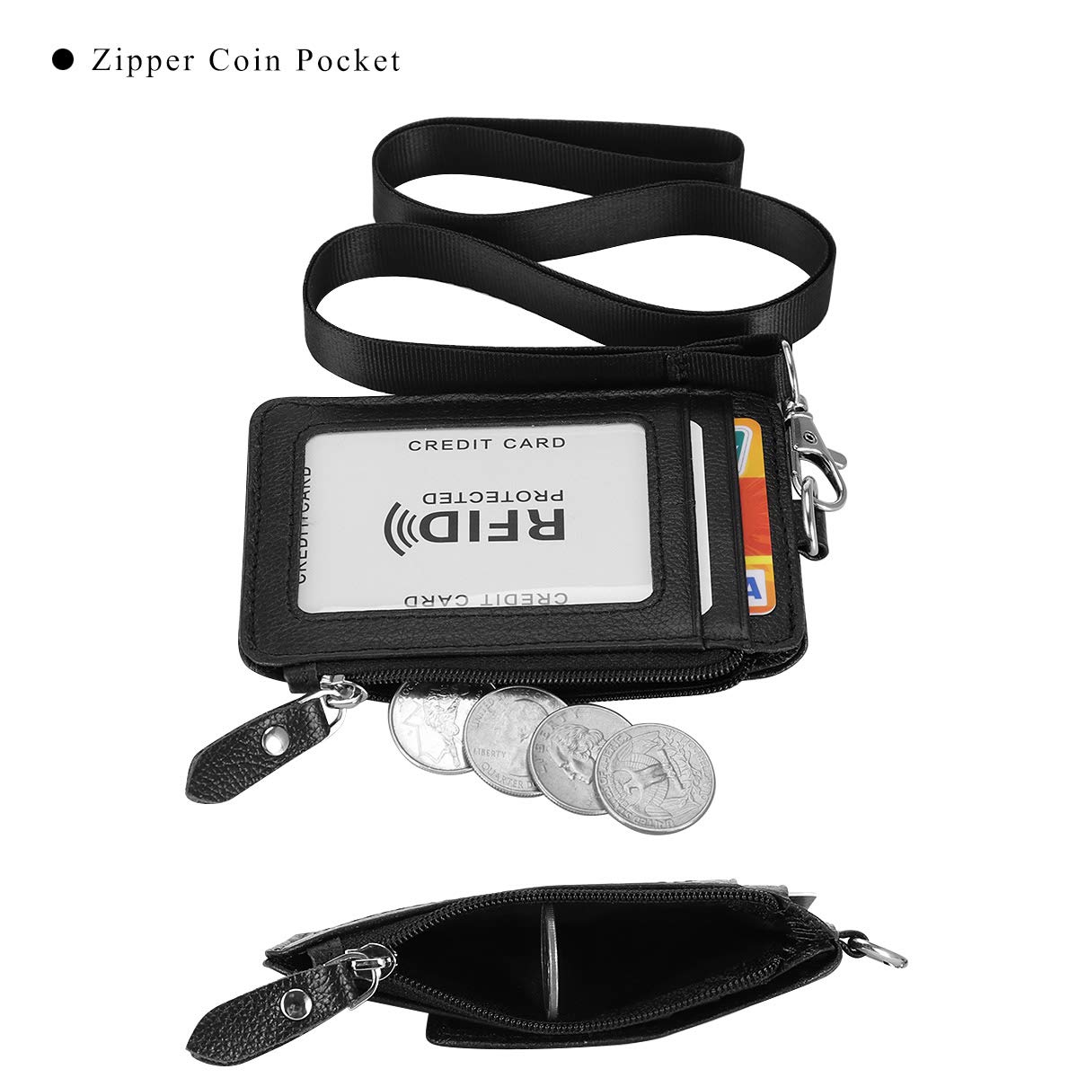 HAWEE Badge Holder with Zipper Genuine Leather RFID Keychain Wallet Neck Lanyards with Swivel Hook for Card/Coin/Cash, Black