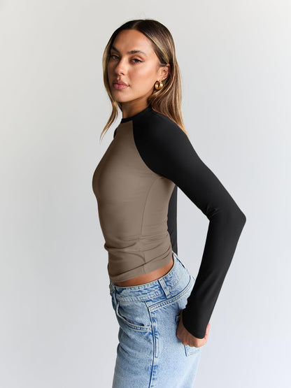 Trendy Queen Womens Long Sleeve Shirts 2025 Fall Fashion Outfits Clothes Slim Fitted Basic Tee Going Out Crop Tops Cute Y2k Teen Girl Color Block T Tshirts Clothing