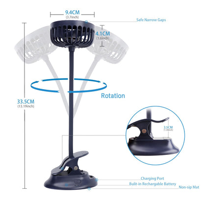 Mikikin Clip on Small Mini Fan, Portable Usb Battery Operated Rechargeable Quiet Personal Desk/ Baby Stroller Fan 3 Speeds Flexible Neck Great for Bed Office Car Dorm Travel Camping Beach