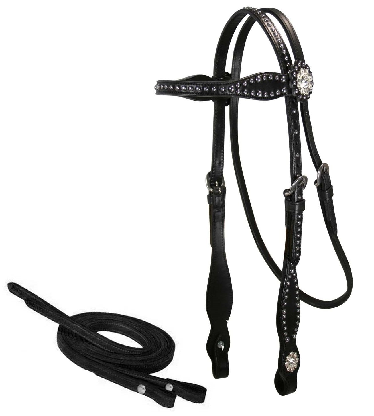 Tahoe Tack Leather Starry Night Studded Horse Headstall & Matching Reins, Black, Full Horse (17-1736-BK)