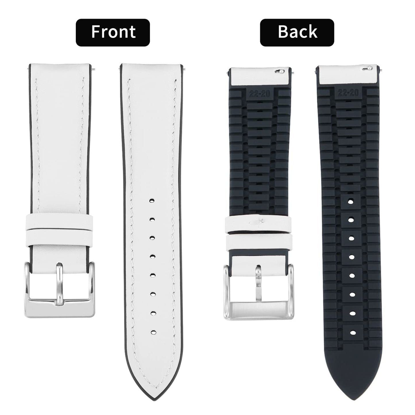 BINLUN Leather Watch Bands Quick Release 14mm-22mm Breathable Micro-Perforated Leather & Rubber Hybrid Watch Straps Silicone-Lined SmartWatch Replacement Bands Men Women (White,Sliver Buckle,22mm)