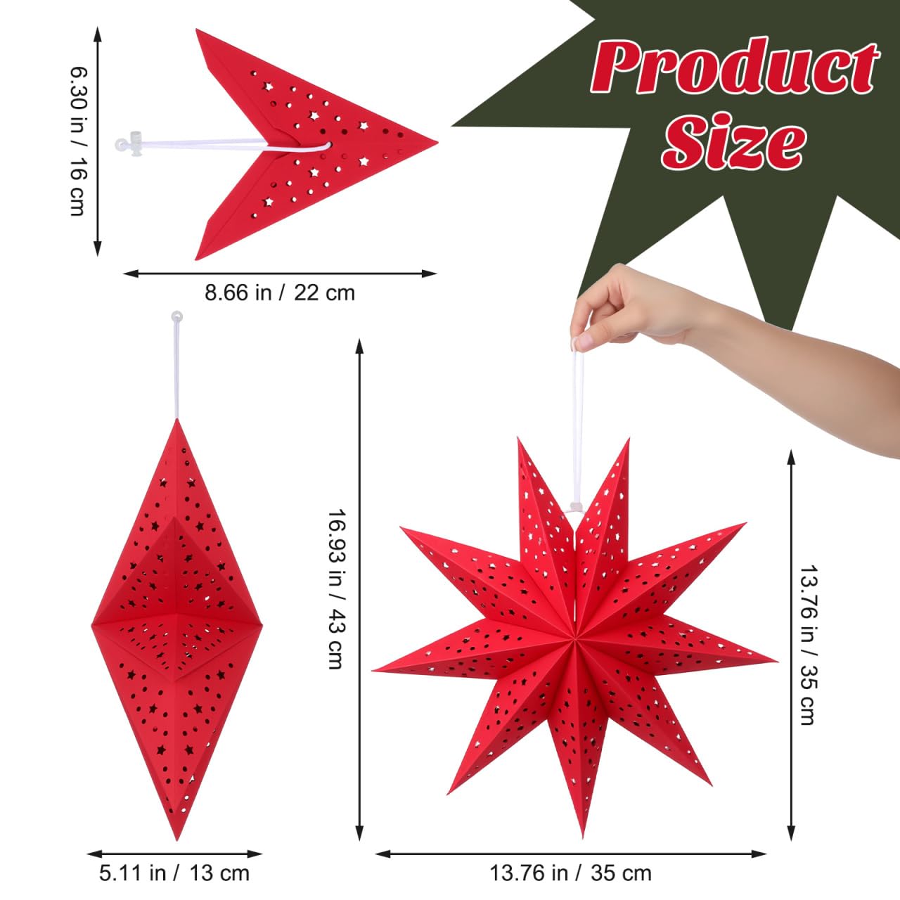 CALLARON 3Pcs Paper Star Lantern, Paper Christmas Decorations, Hanging Star Lantern, 9 Pointed Christmas Stars Lampshade, Foldable Red Lampshade Decor for Christmas, Wedding, Holiday Party, 14inch