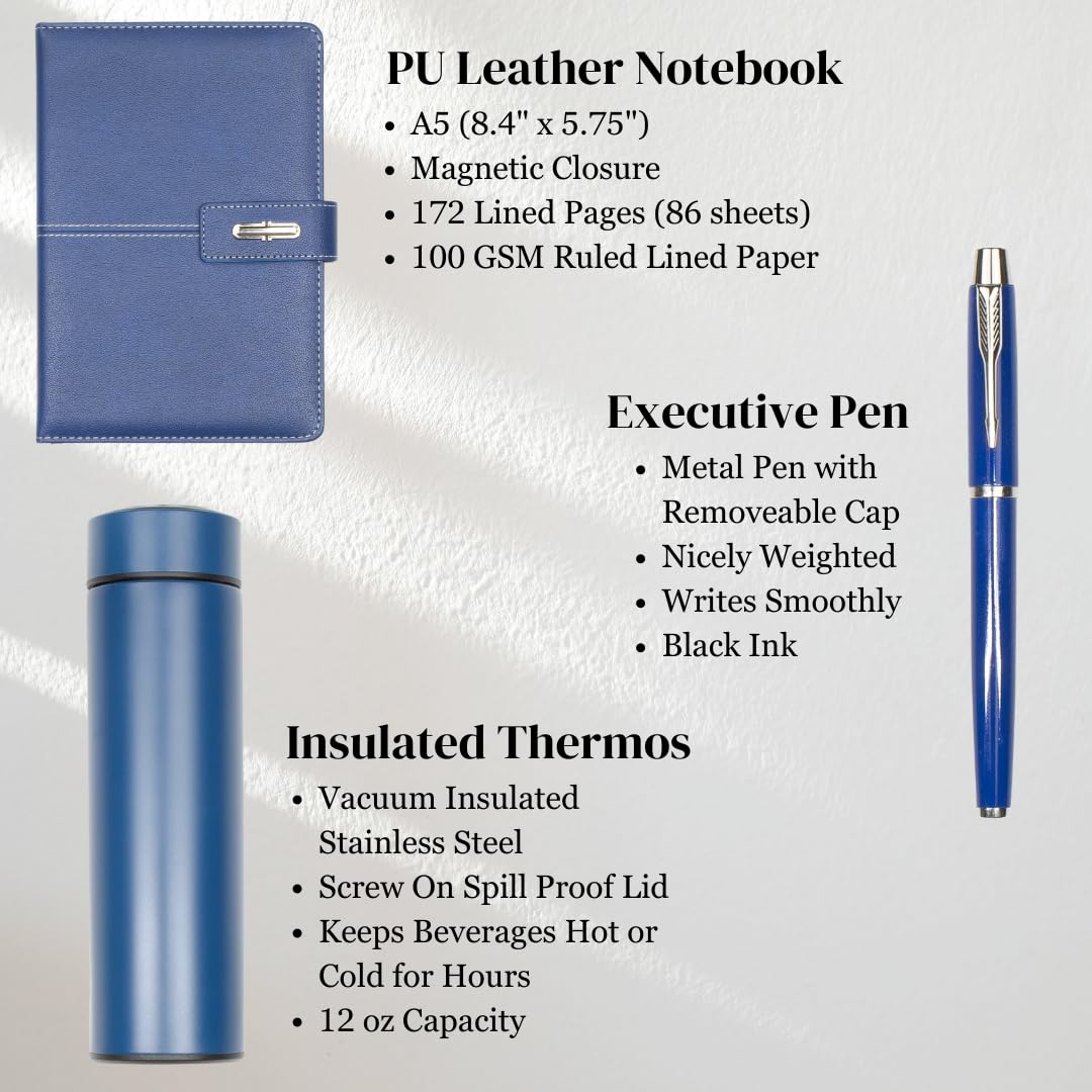 Shadow Breeze A5 Leather Notebook, Insulated Thermos and Executive Pen Gift Set in Premium Gift Box, 172 Pages 100GSM Ruled Pages, 12 oz, Great Gift for Business, School, Home (Blue)