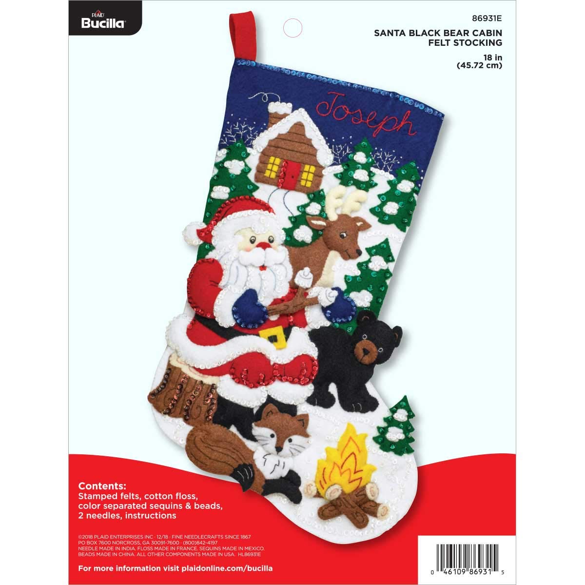 Bucilla 86931E Felt Applique Kit 18" Stocking, Santa Black Bear Cabin