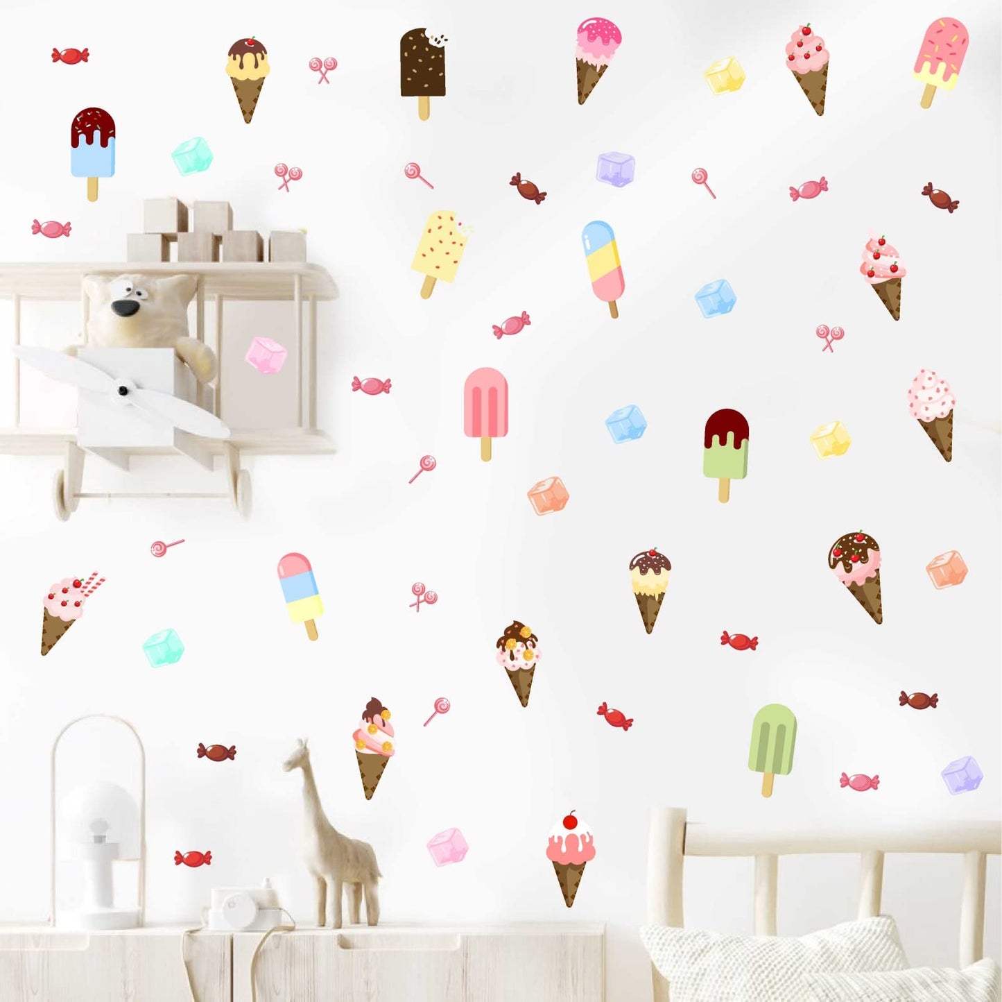 Barri Design Ice Cream Wall Decals Candy Wall Stickers Removable Summer Wall Decals Peel and Stick Ice Cream Cone Decal Cute Decal for Kids Room Bedroom Nursery Party Decoration