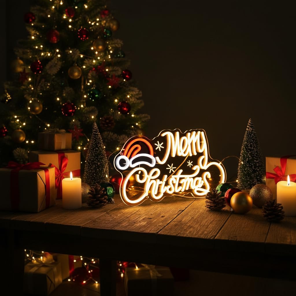 Neon Sign with Santa Hat, 16x9 In Xmas Led Neon Sign USB Powered Merry Christmas Neon Light Up Sign for Home Wall Decor Kids New Year Party Backdrop