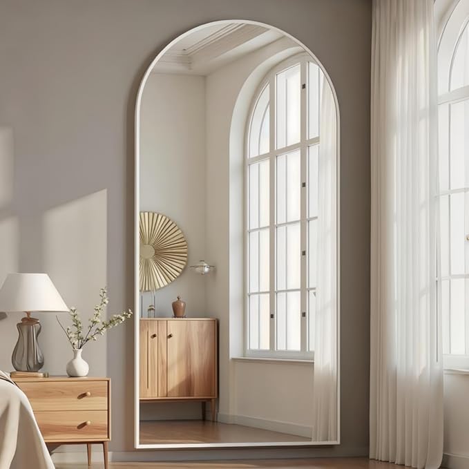 Full Length Mirror, 71"x30" Arched-Top Floor Mirrors, Modern Full Body Mirrors with Stand, Wall Mirror with Aluminum Alloy Frame for Bedroom,Living Room, White