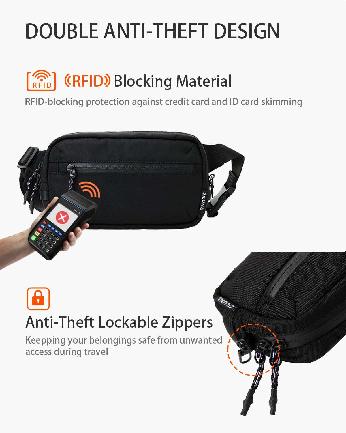 2L Sling Bag for Men & Women - Anti-Theft RFID Blocking Fanny Pack with Lockable Zippers, Water Resistant Lightweight Crossbody Bag for Travel Hiking Running Gym Walking Daily Use(Black)
