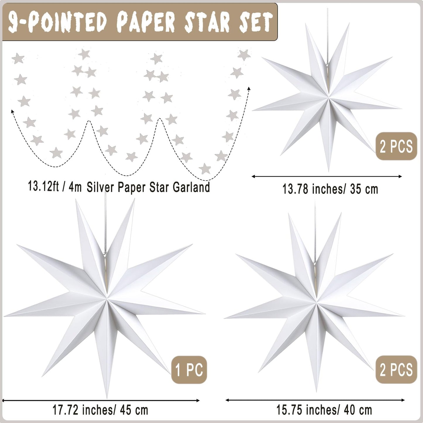 WNSIRVY 5 Pack 9-Pointed Large 3D Paper Star Lanterns White Hanging Lanterns with Star Garland Banner for Halloween Christmas Baby Shower Wedding Birthday Home Decorations