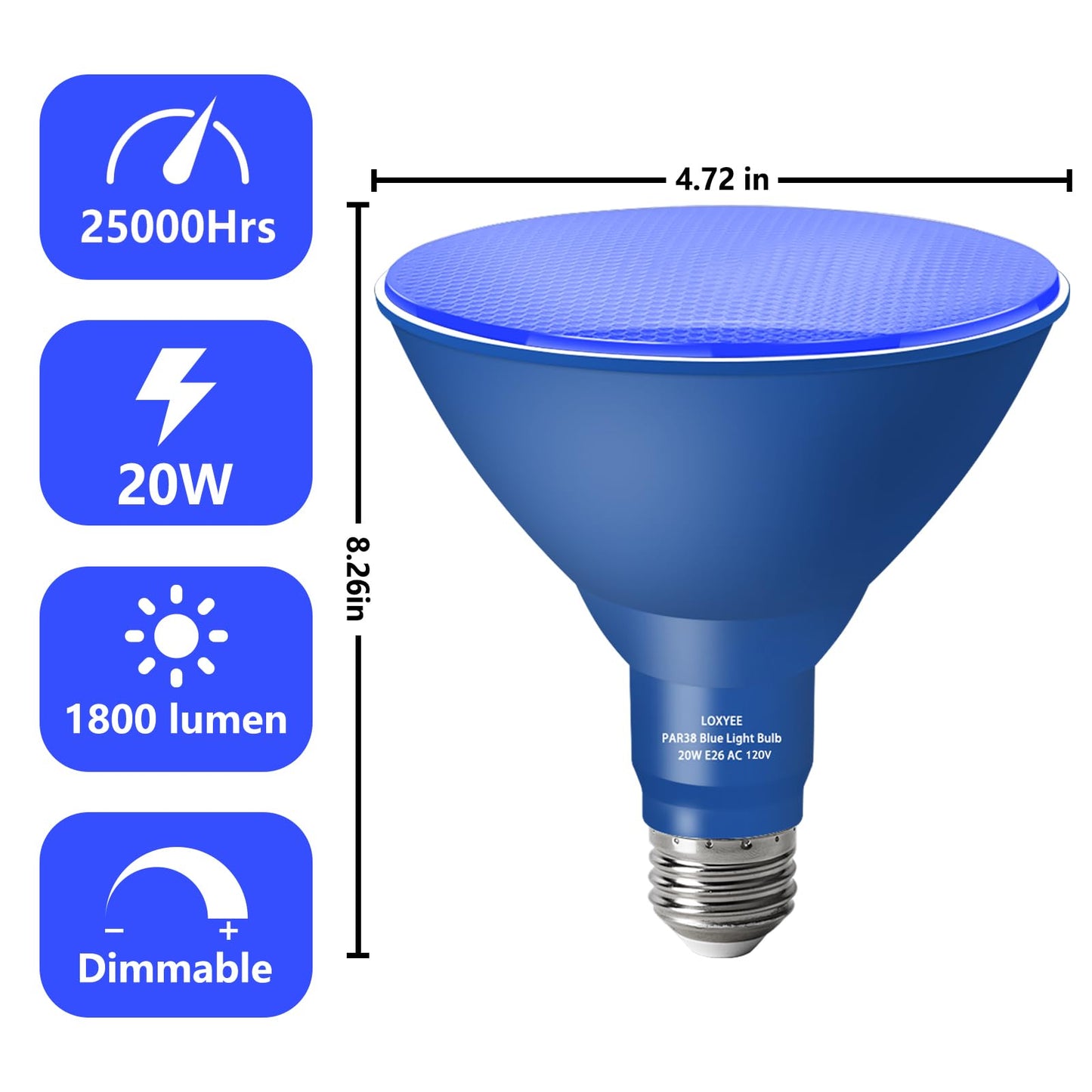LOXYEE PAR38 Flood Blue Light Bulbs,4 Pack Dimmable,E26 Base Blue Flood Light Outoor(20W Replace to 200W),Halloween Light Bulb for Outside,Christmas,Holiday Lighting