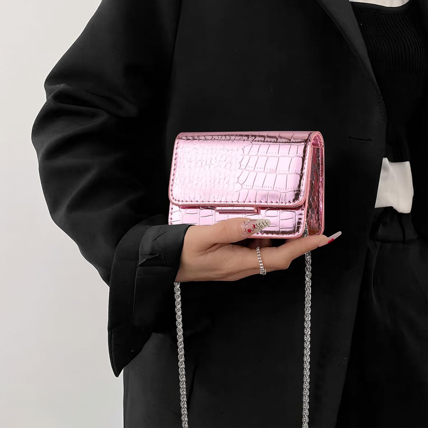 Sightor Silver Mini Crossbody Bag for Women, PU Leather Small Evening Purse, Dressy Clutch Handbag for Nightclub Parties (Pink)