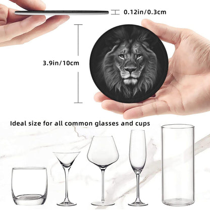 Famame 6 Pcs 3D Black Lion Leather Coasters for Drinks with Holder Coaster Sets Drink Table Cup Coasters for Living Room Kitchen Coffee Decor
