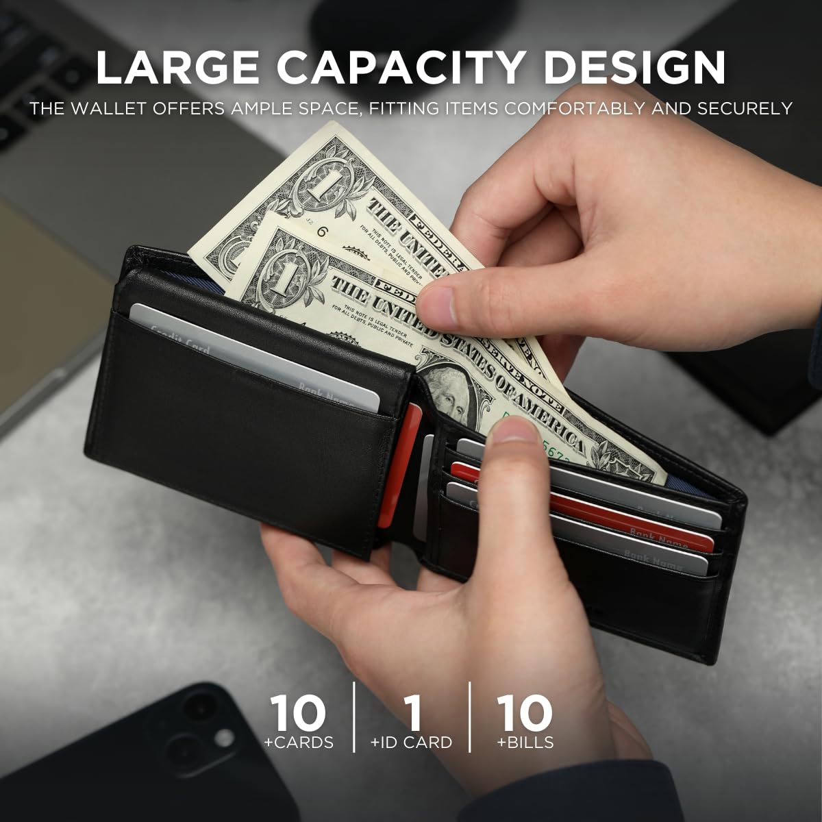 KLOMORE AirTag Chain Wallets for Men (Airtag Not Included), Sleek and Slim, RFID Blocking Genuine Leather Bifold Mens Wallet Includes ID Window Credit Card Holder with Sturdy Chain