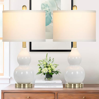 Double Gourd Ceramic Table Lamps Set of 2, Modern White Bedside Lamps for Night Stand, Contemporary Nightstand Lamps for Bedroom Living Room (Bulb Included)